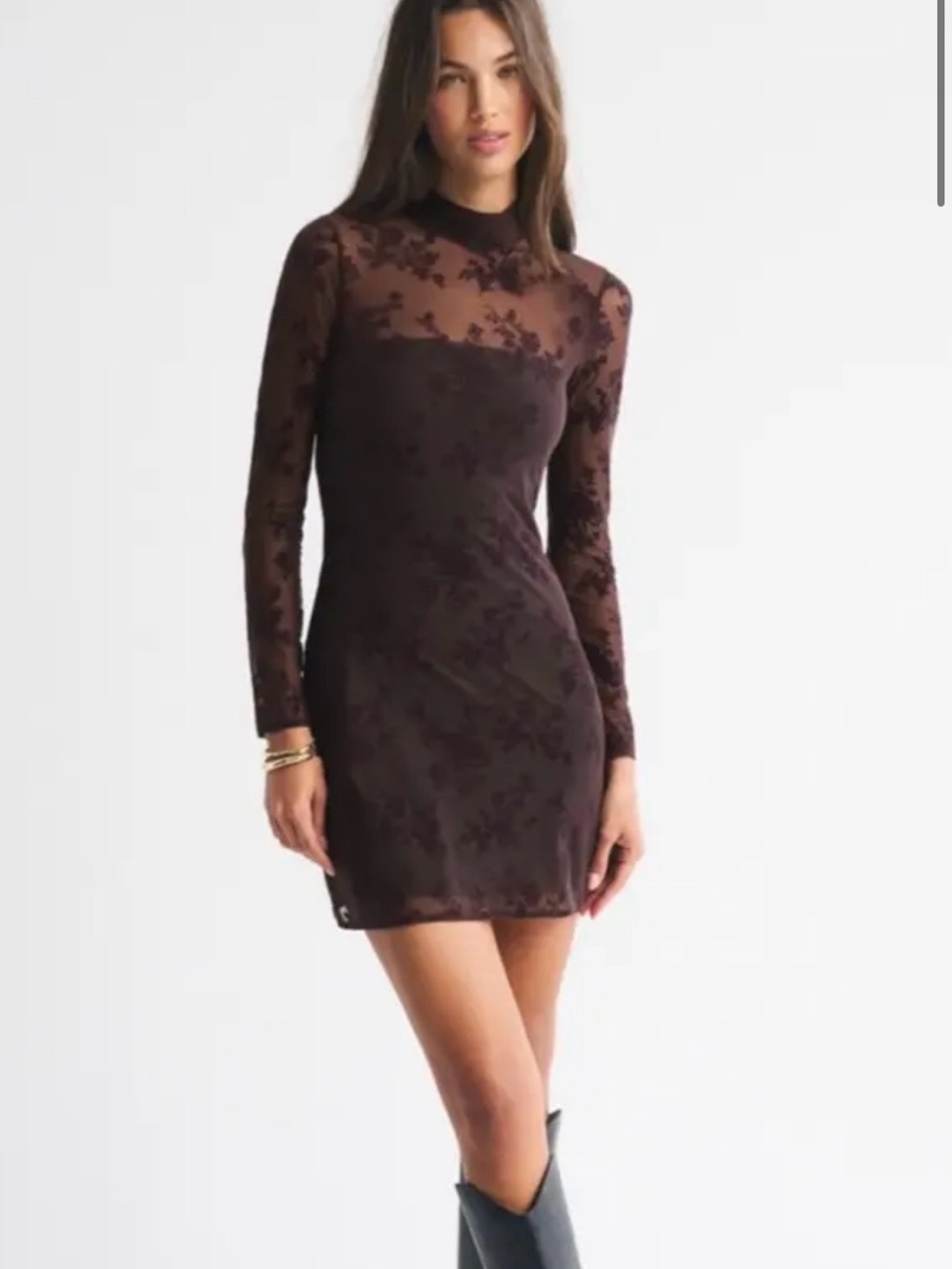 Abercrombie & Fitch Brown Sheer Floral Long-Sleeve Bodycon Dress